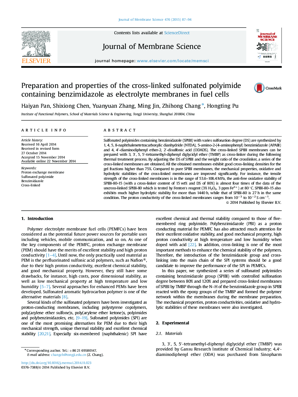 Preparation and properties of the cross-linked sulfonated polyimide containing benzimidazole as electrolyte membranes in fuel cells