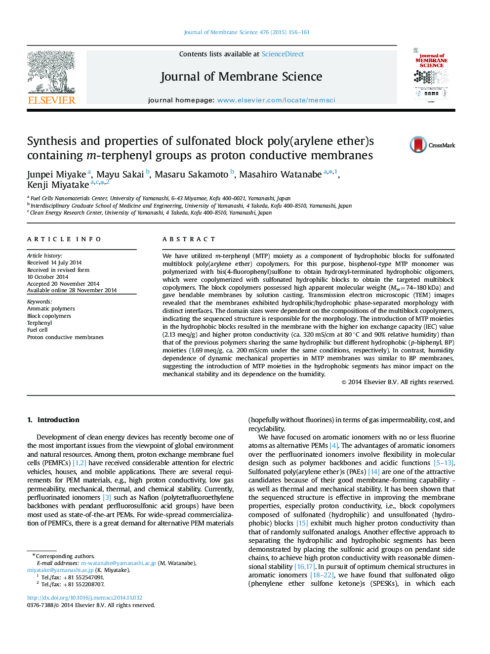 Synthesis and properties of sulfonated block poly(arylene ether)s containing m-terphenyl groups as proton conductive membranes