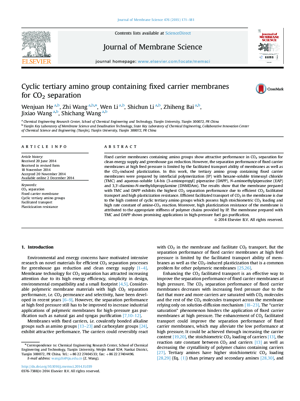 Cyclic tertiary amino group containing fixed carrier membranes for CO2 separation