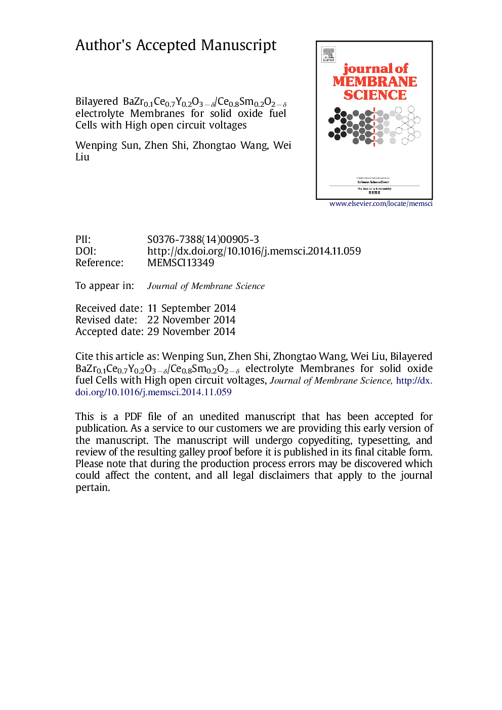 Bilayered BaZr0.1Ce0.7Y0.2O3-Î´/Ce0.8Sm0.2O2-Î´ electrolyte membranes for solid oxide fuel cells with high open circuit voltages