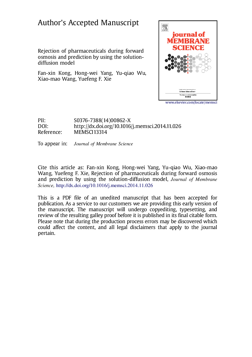 Rejection of pharmaceuticals during forward osmosis and prediction by using the solution-diffusion model