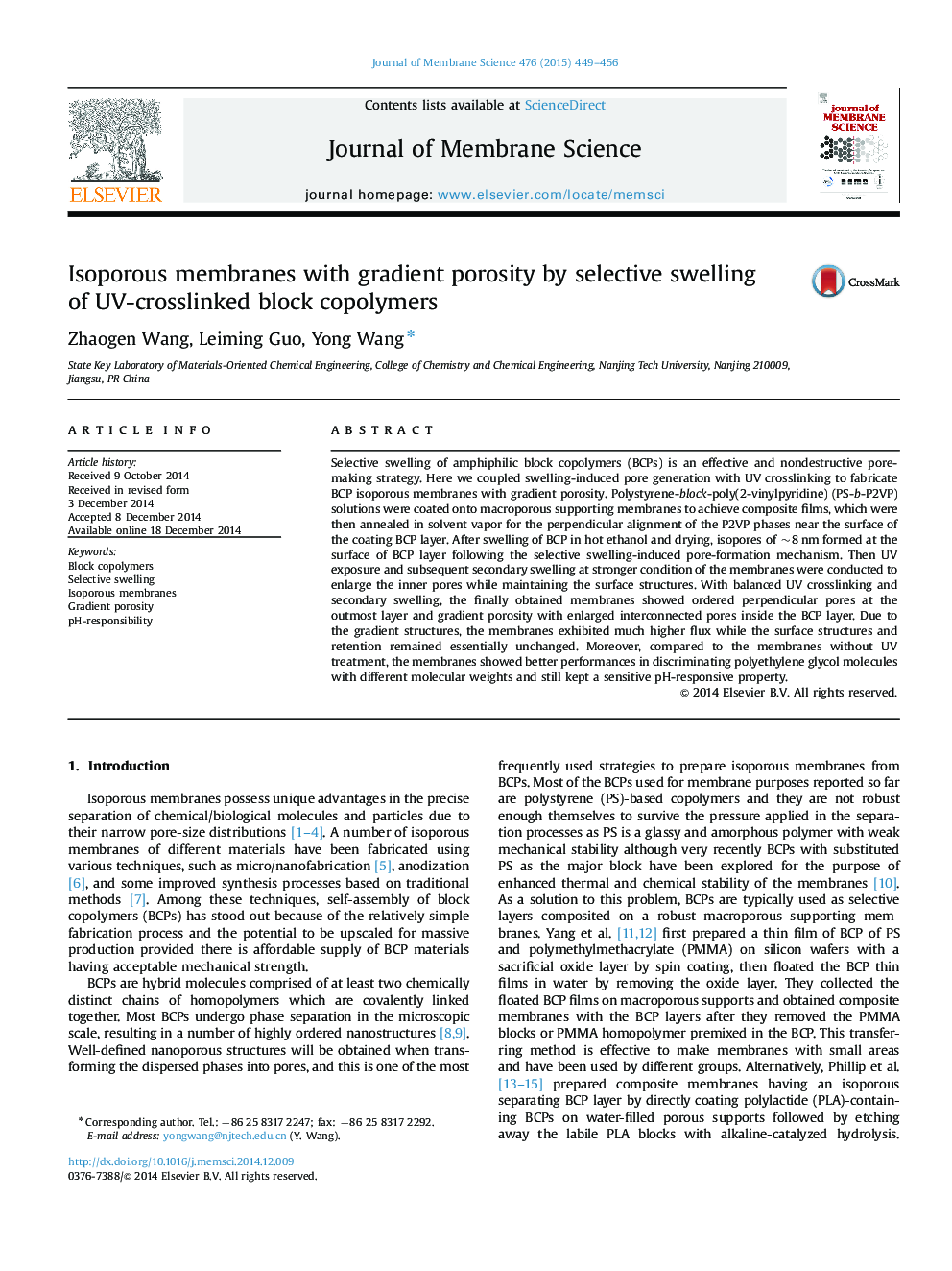 Isoporous membranes with gradient porosity by selective swelling of UV-crosslinked block copolymers