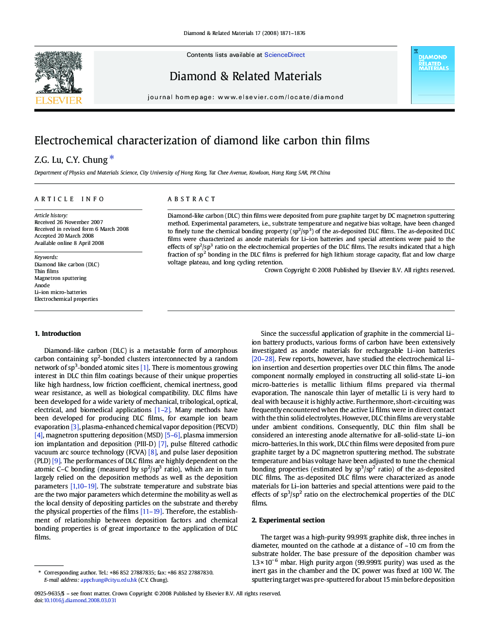 Electrochemical characterization of diamond like carbon thin films