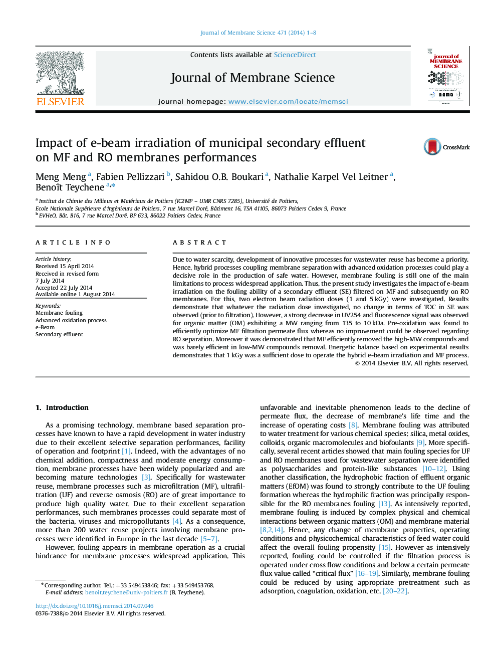 Impact of e-beam irradiation of municipal secondary effluent on MF and RO membranes performances