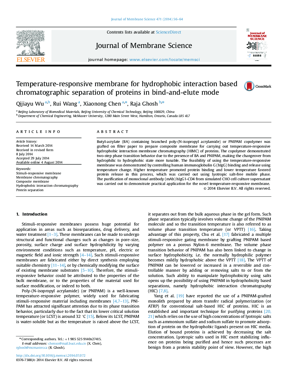 Temperature-responsive membrane for hydrophobic interaction based chromatographic separation of proteins in bind-and-elute mode