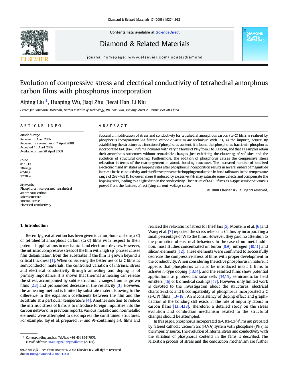 Evolution of compressive stress and electrical conductivity of tetrahedral amorphous carbon films with phosphorus incorporation