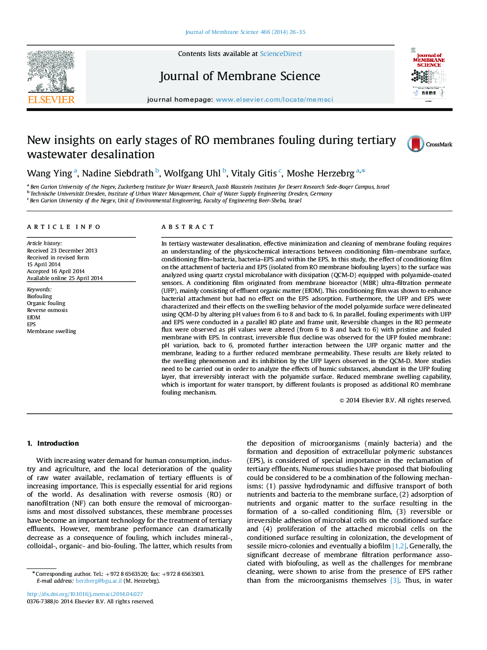 New insights on early stages of RO membranes fouling during tertiary wastewater desalination