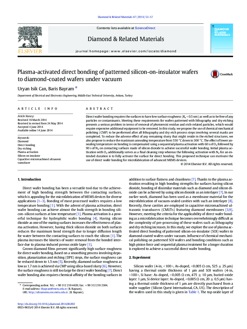 Plasma-activated direct bonding of patterned silicon-on-insulator wafers to diamond-coated wafers under vacuum