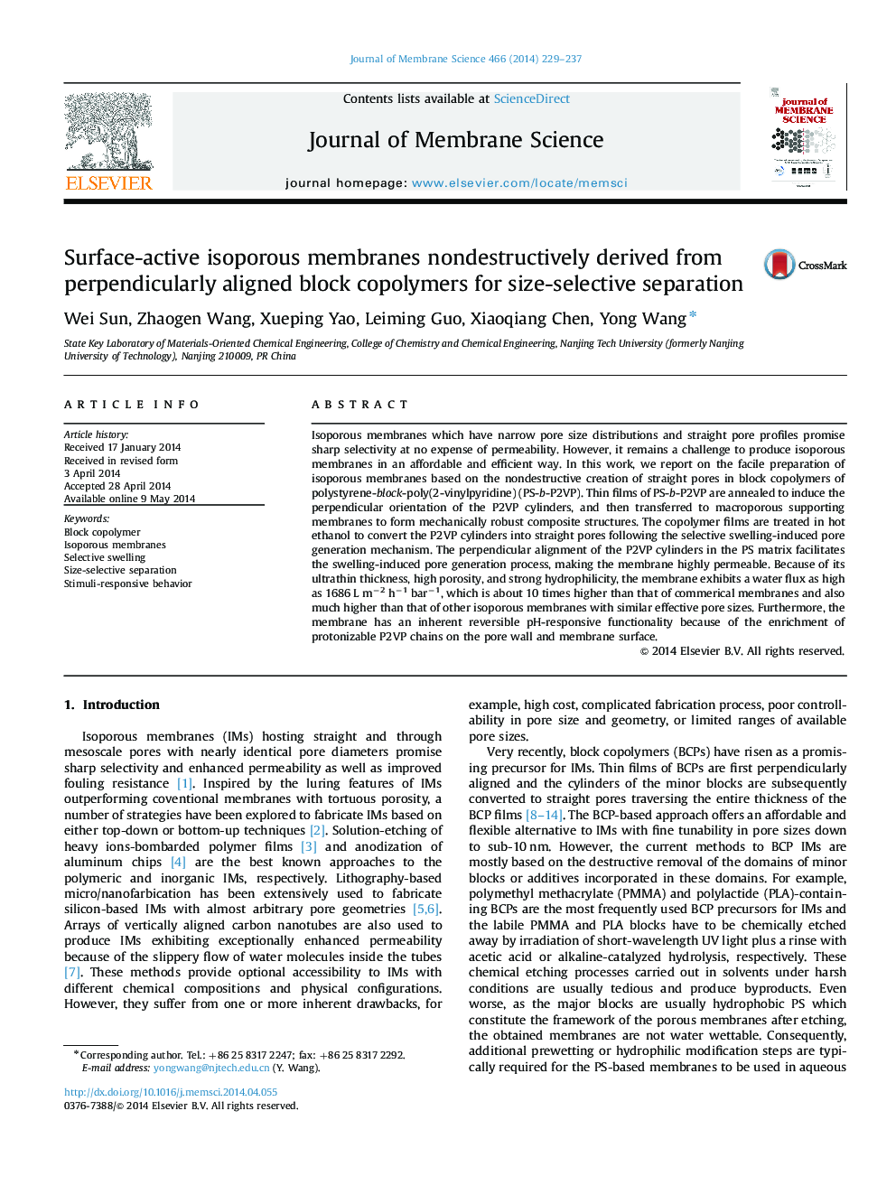 Surface-active isoporous membranes nondestructively derived from perpendicularly aligned block copolymers for size-selective separation