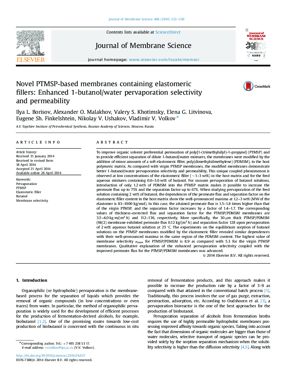 Novel PTMSP-based membranes containing elastomeric fillers: Enhanced 1-butanol/water pervaporation selectivity and permeability