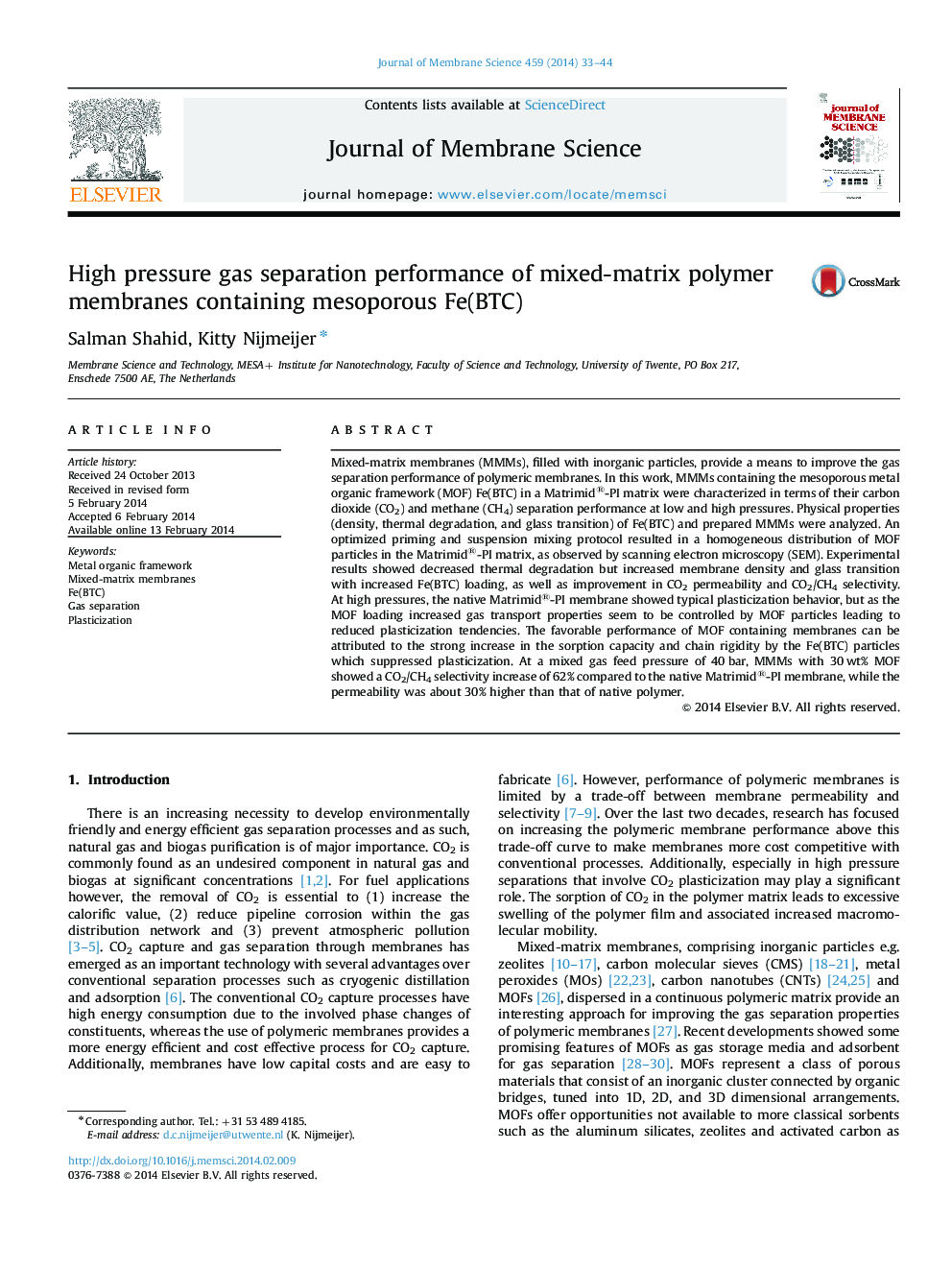 High pressure gas separation performance of mixed-matrix polymer membranes containing mesoporous Fe(BTC)