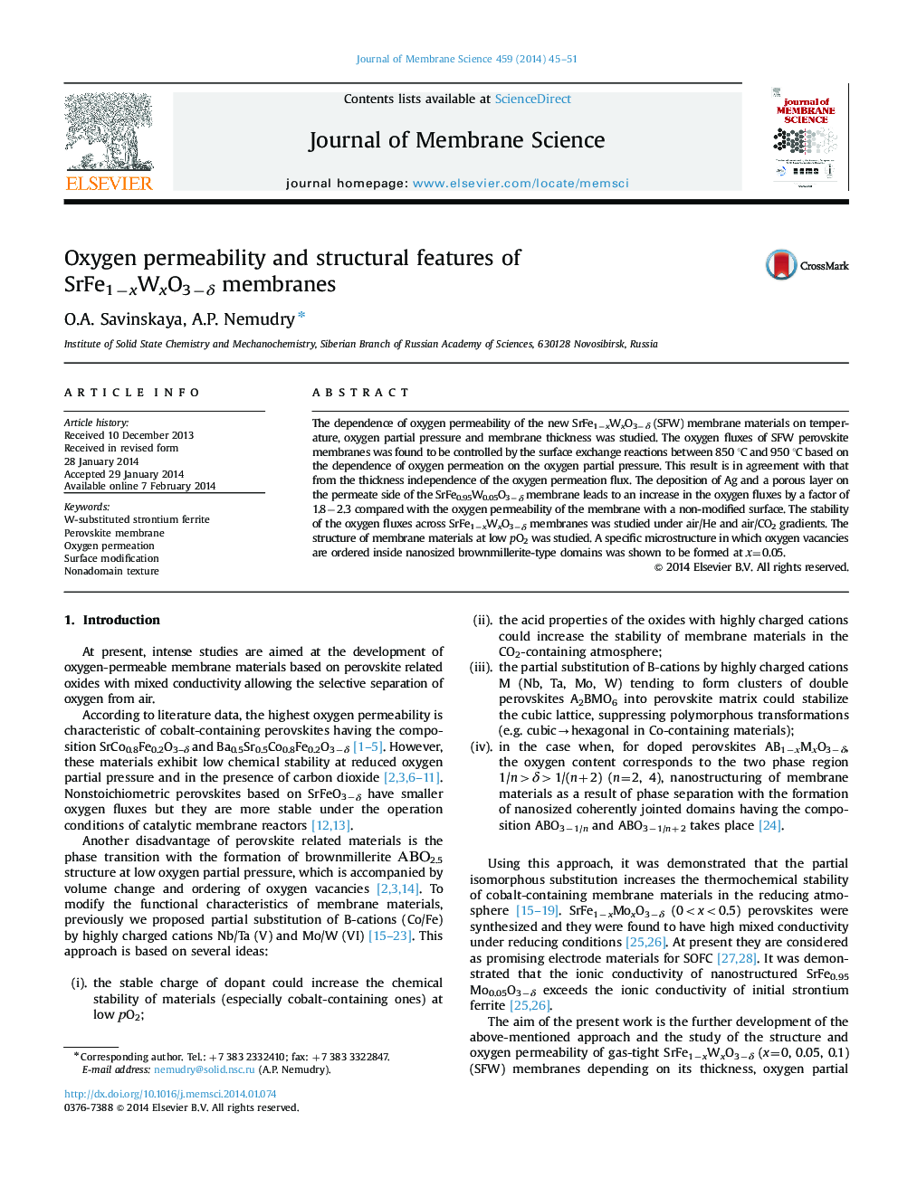 Oxygen permeability and structural features of SrFe1âxWxO3âÎ´ membranes