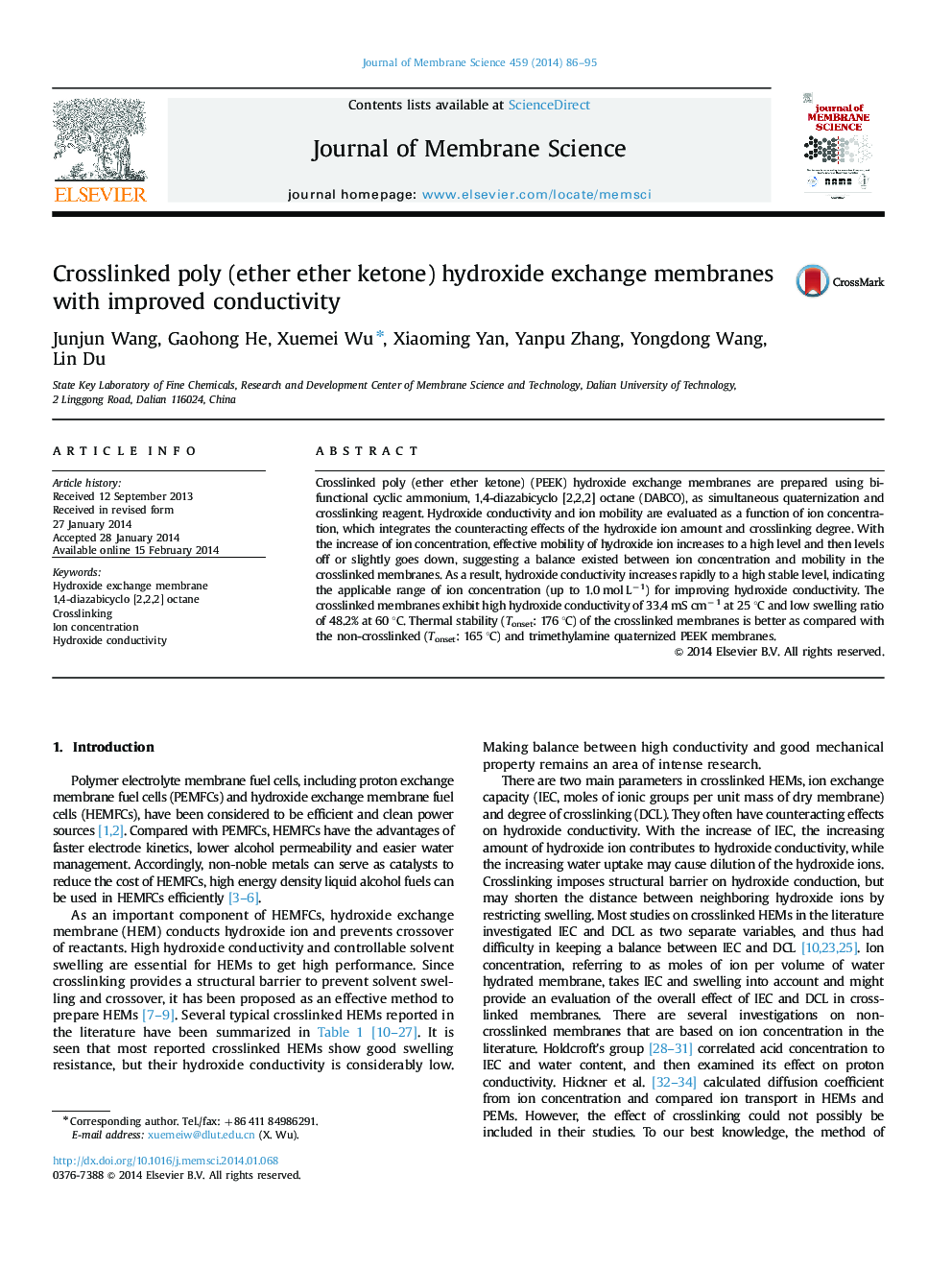 Crosslinked poly (ether ether ketone) hydroxide exchange membranes with improved conductivity