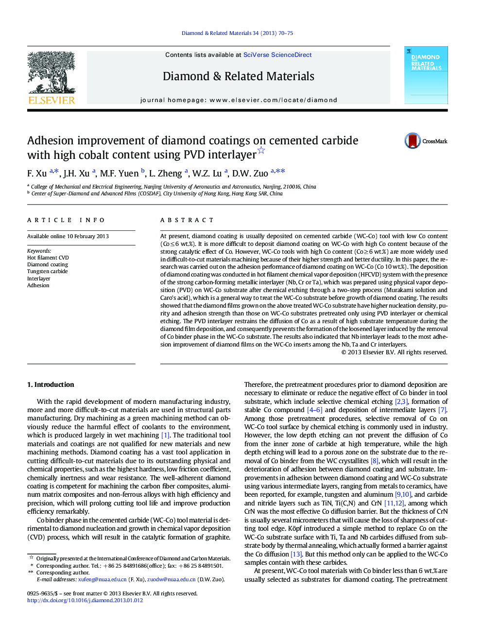 Adhesion improvement of diamond coatings on cemented carbide with high cobalt content using PVD interlayer 