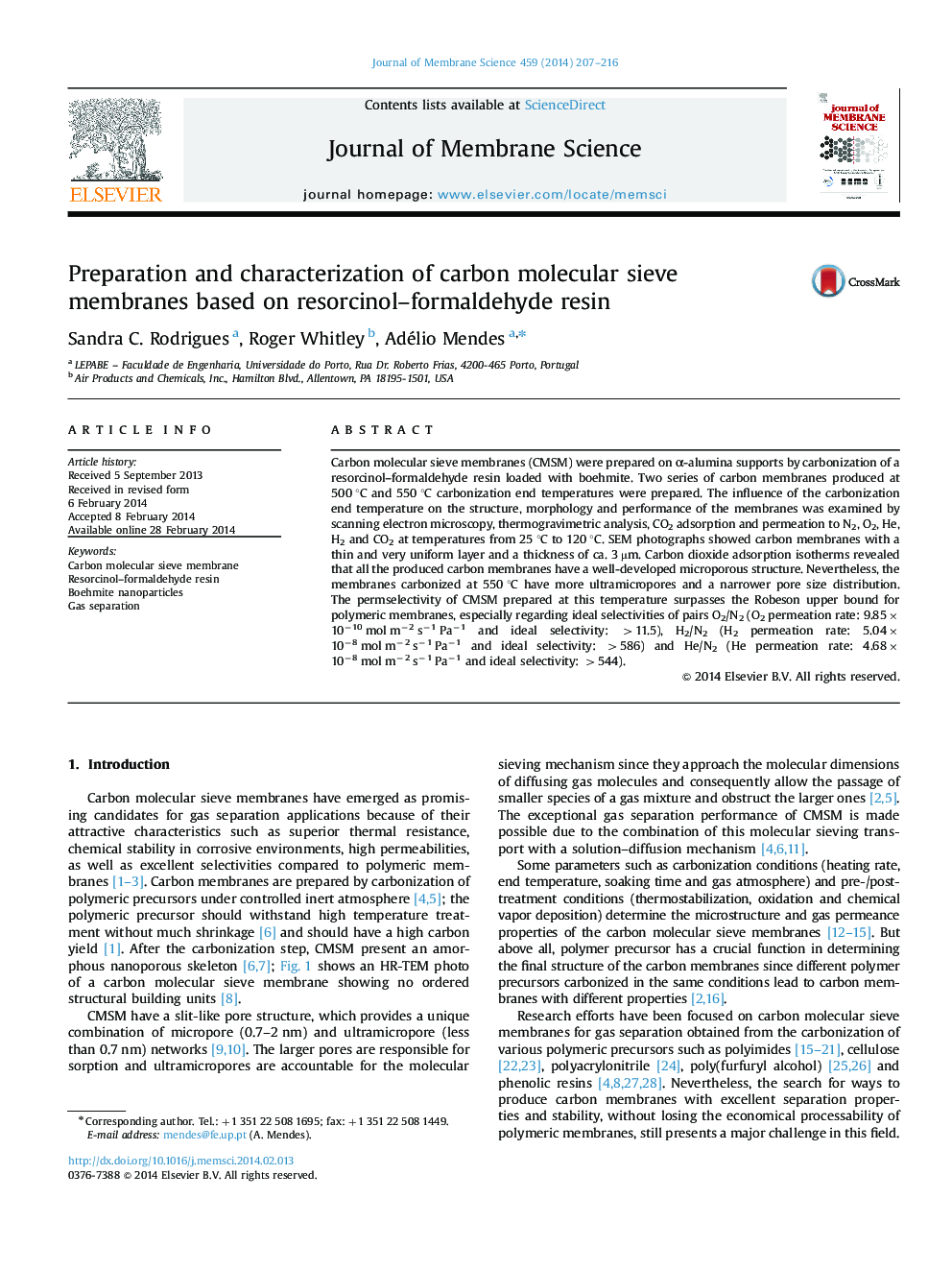 Preparation and characterization of carbon molecular sieve membranes based on resorcinol-formaldehyde resin