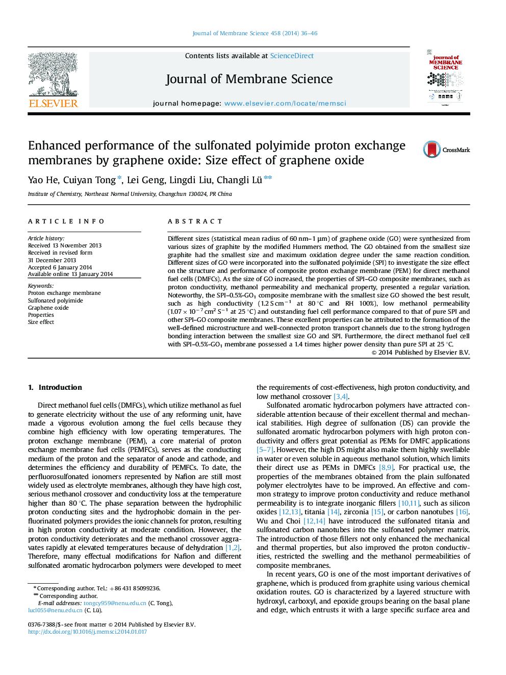 Enhanced performance of the sulfonated polyimide proton exchange membranes by graphene oxide: Size effect of graphene oxide