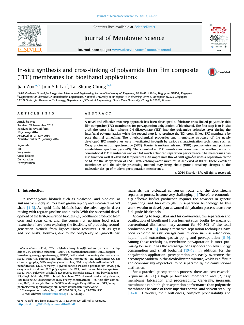 In-situ synthesis and cross-linking of polyamide thin film composite (TFC) membranes for bioethanol applications