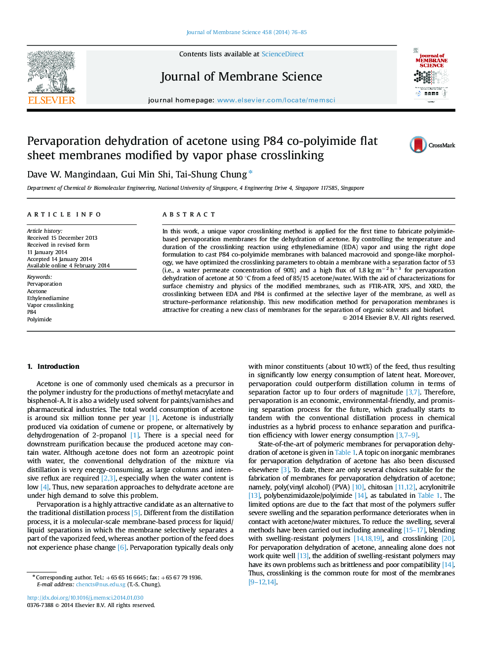 Pervaporation dehydration of acetone using P84 co-polyimide flat sheet membranes modified by vapor phase crosslinking