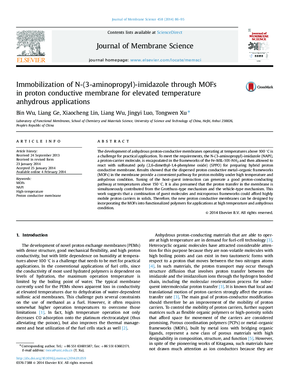 Immobilization of N-(3-aminopropyl)-imidazole through MOFs in proton conductive membrane for elevated temperature anhydrous applications