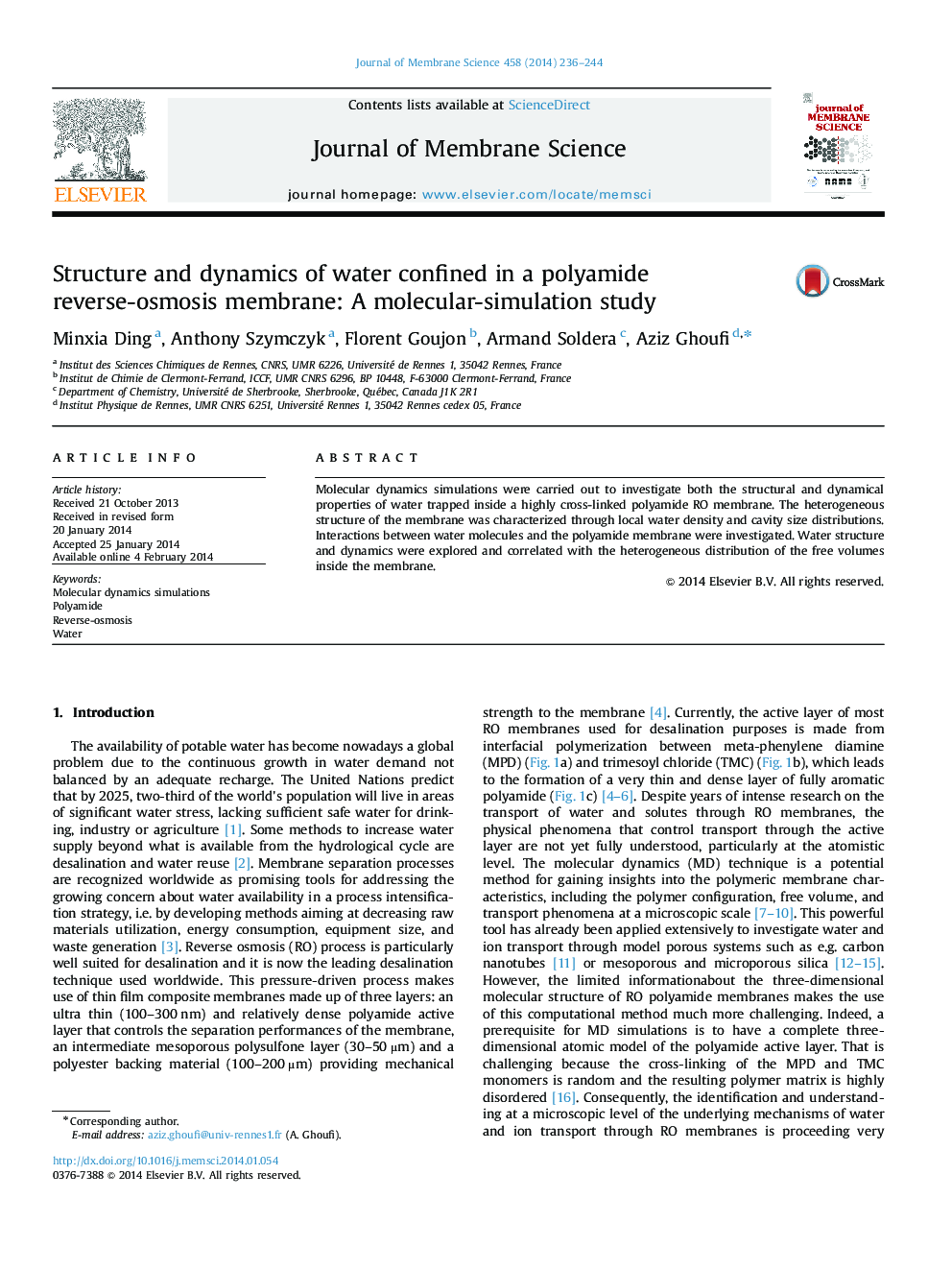 Structure and dynamics of water confined in a polyamide reverse-osmosis membrane: A molecular-simulation study