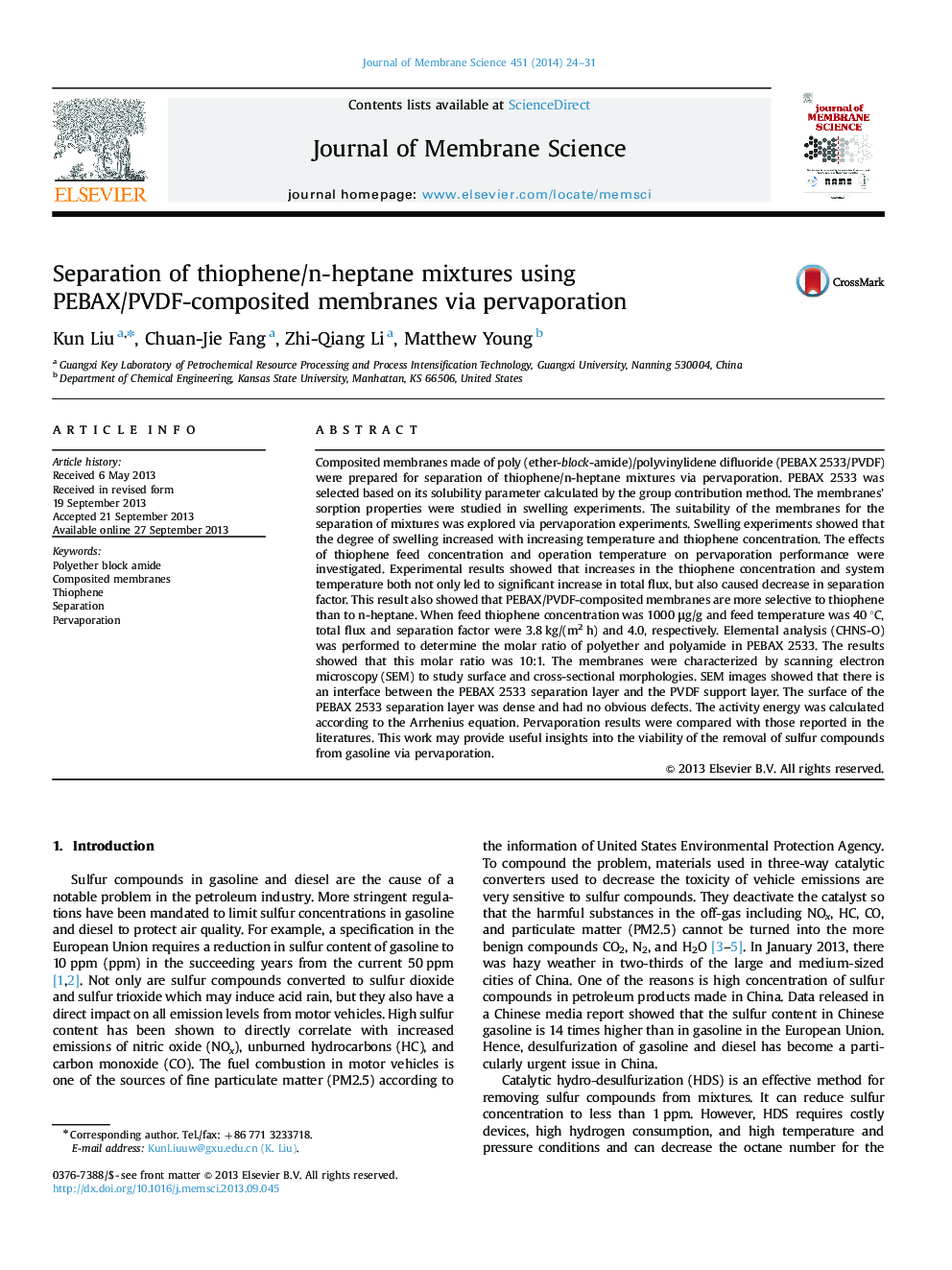 Separation of thiophene/n-heptane mixtures using PEBAX/PVDF-composited membranes via pervaporation