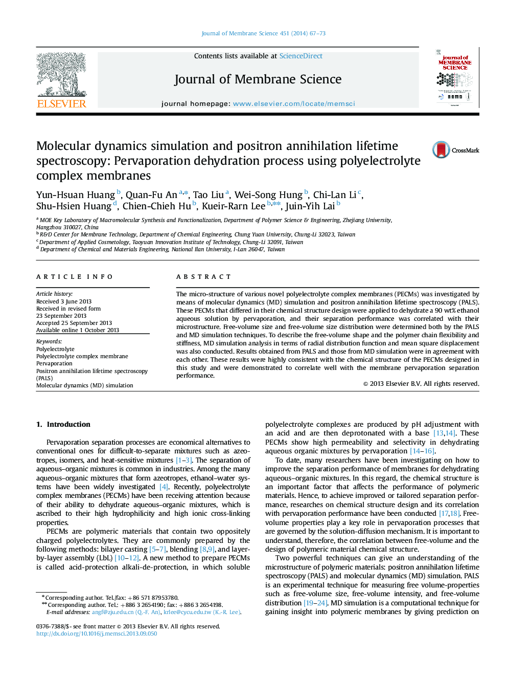 Molecular dynamics simulation and positron annihilation lifetime spectroscopy: Pervaporation dehydration process using polyelectrolyte complex membranes