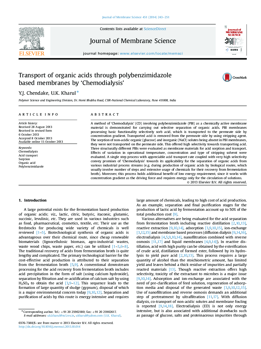 Transport of organic acids through polybenzimidazole based membranes by 'Chemodialysis'