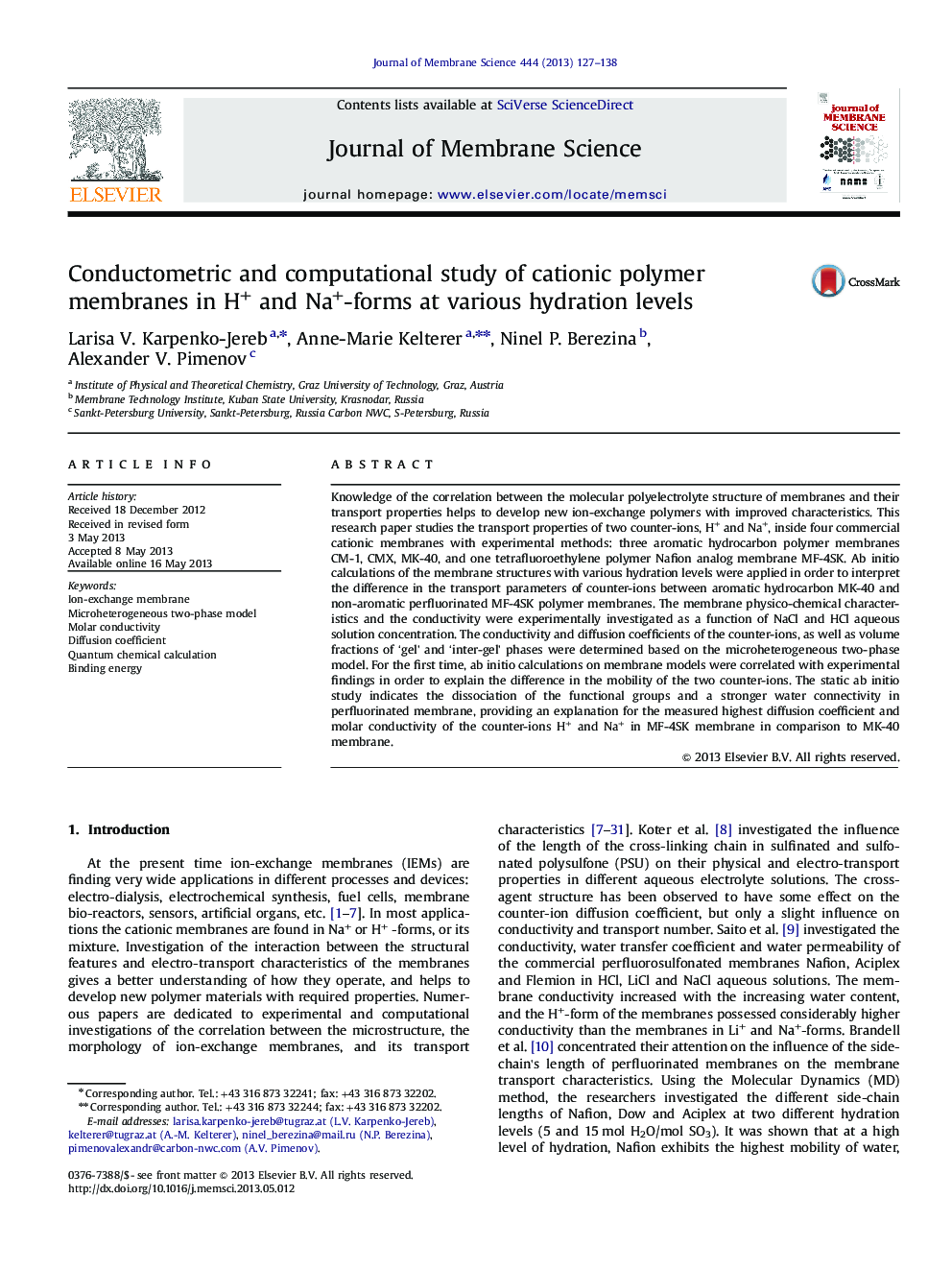 Conductometric and computational study of cationic polymer membranes in H+ and Na+-forms at various hydration levels