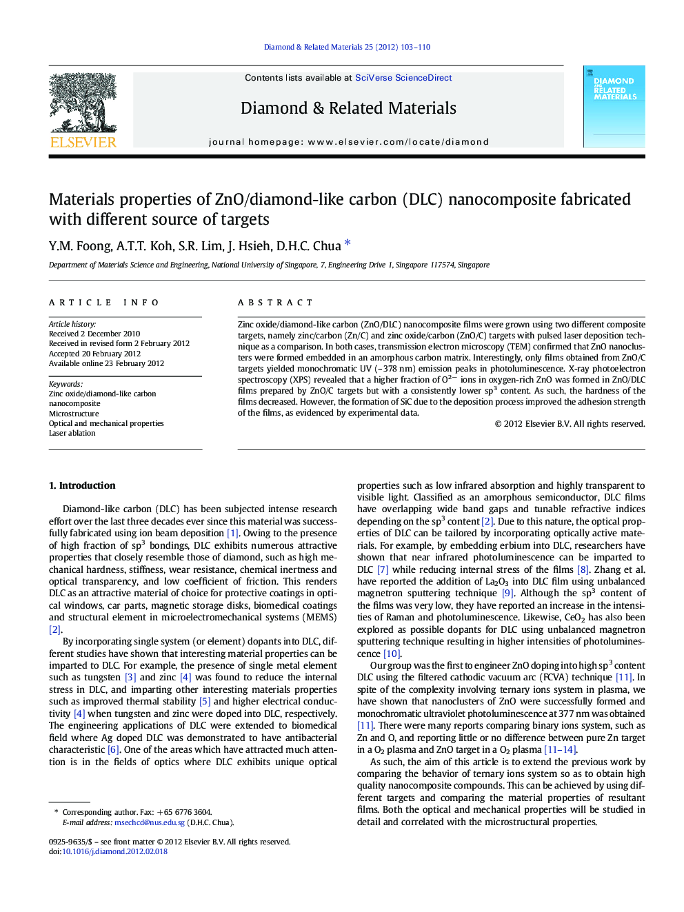 Materials properties of ZnO/diamond-like carbon (DLC) nanocomposite fabricated with different source of targets