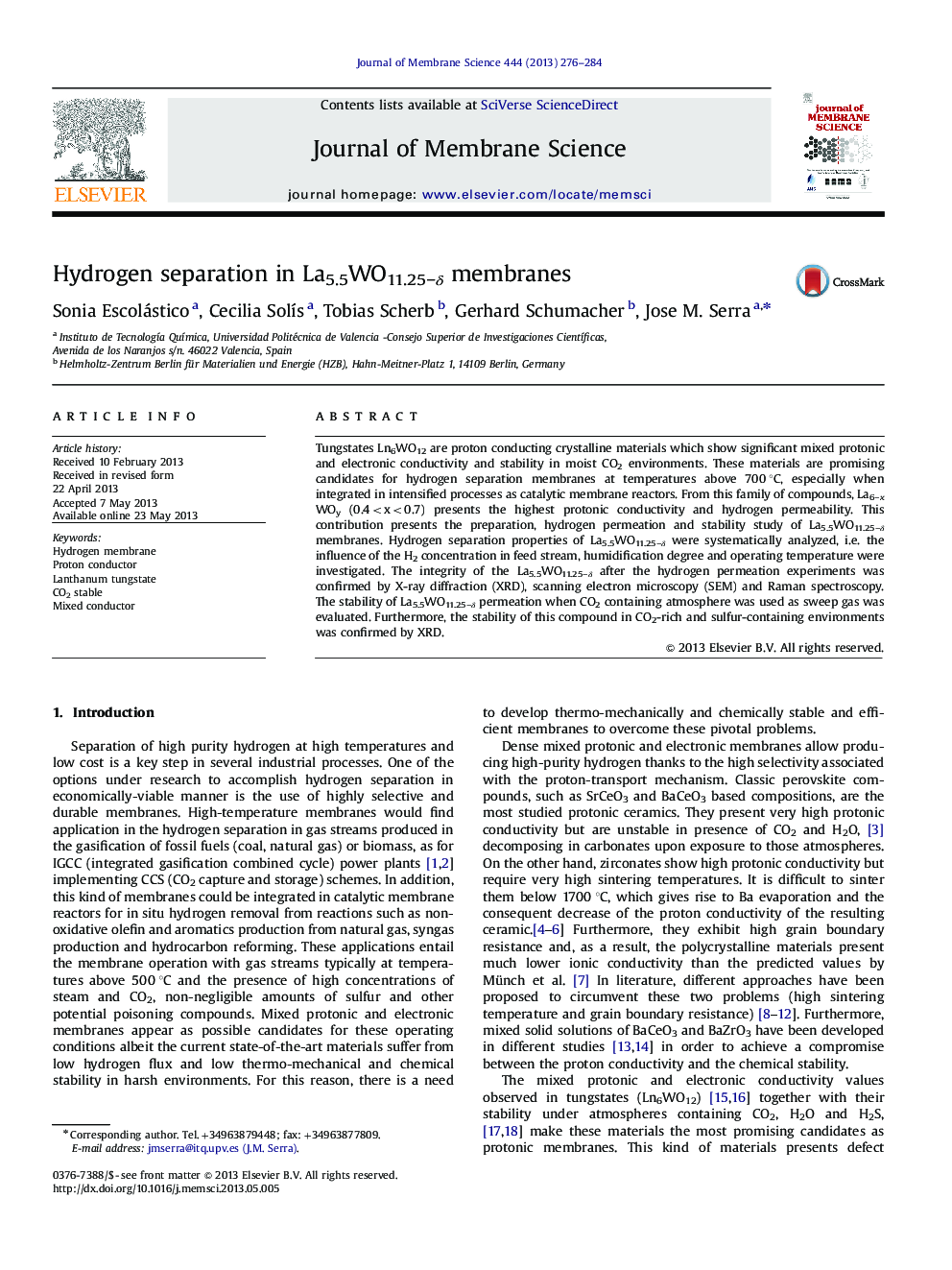 Hydrogen separation in La5.5WO11.25âÎ´ membranes