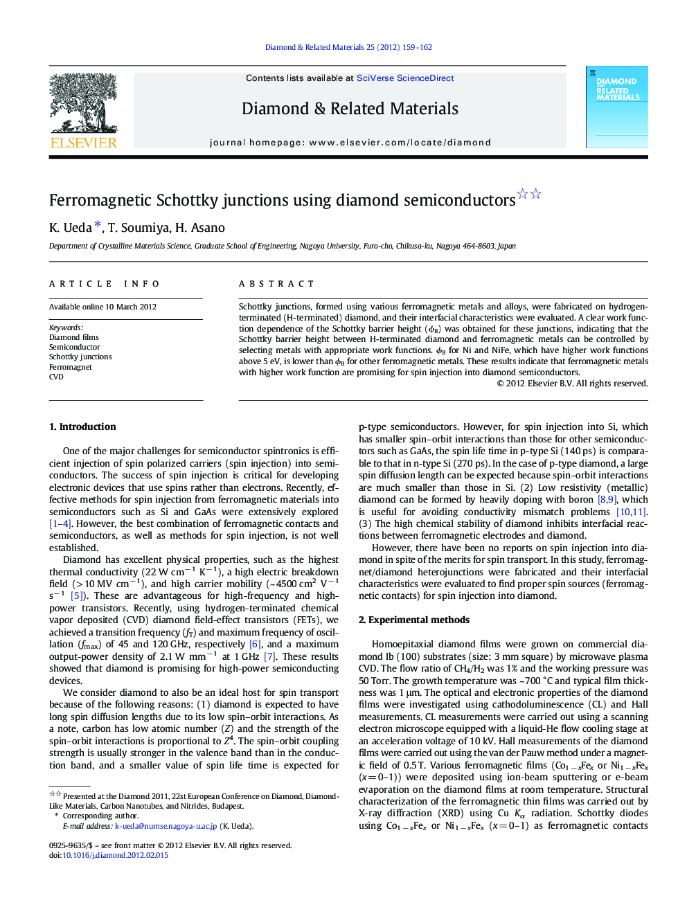 Ferromagnetic Schottky junctions using diamond semiconductors 