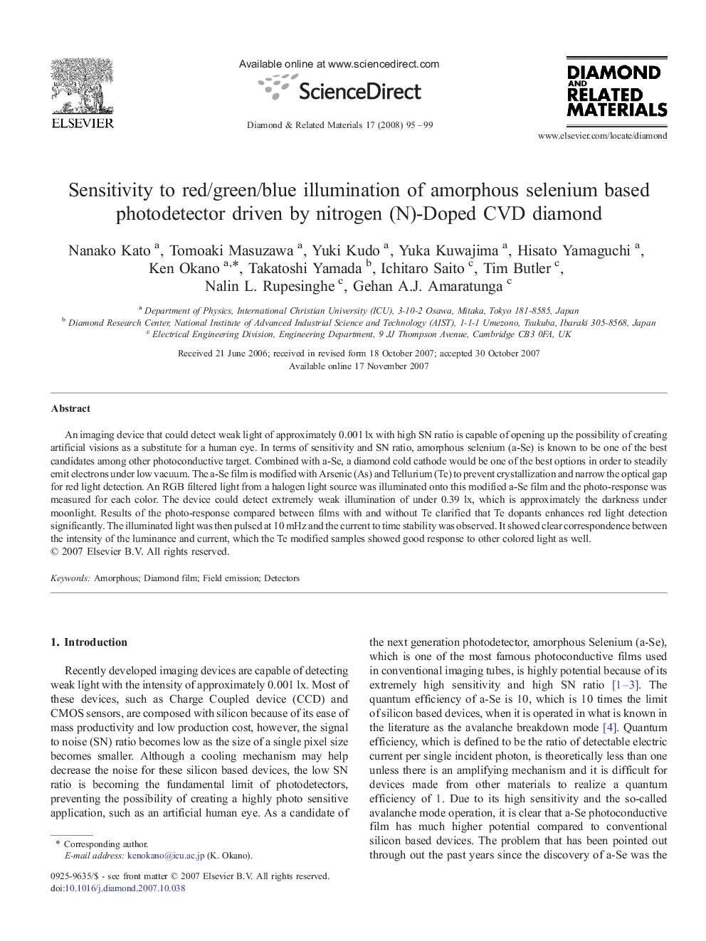 Sensitivity to red/green/blue illumination of amorphous selenium based photodetector driven by nitrogen (N)-Doped CVD diamond