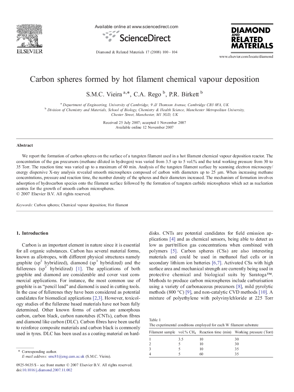 Carbon spheres formed by hot filament chemical vapour deposition