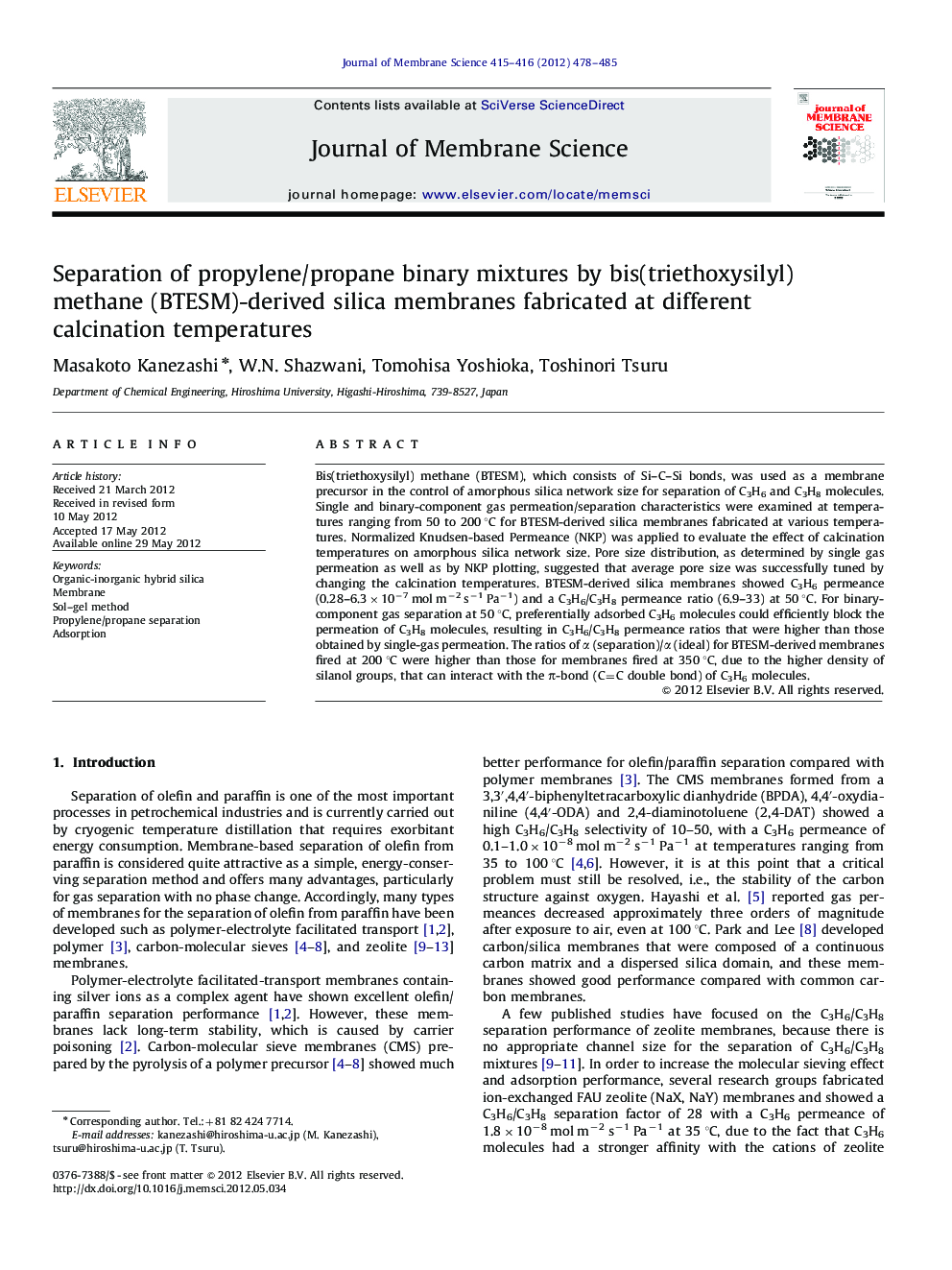 Separation of propylene/propane binary mixtures by bis(triethoxysilyl) methane (BTESM)-derived silica membranes fabricated at different calcination temperatures