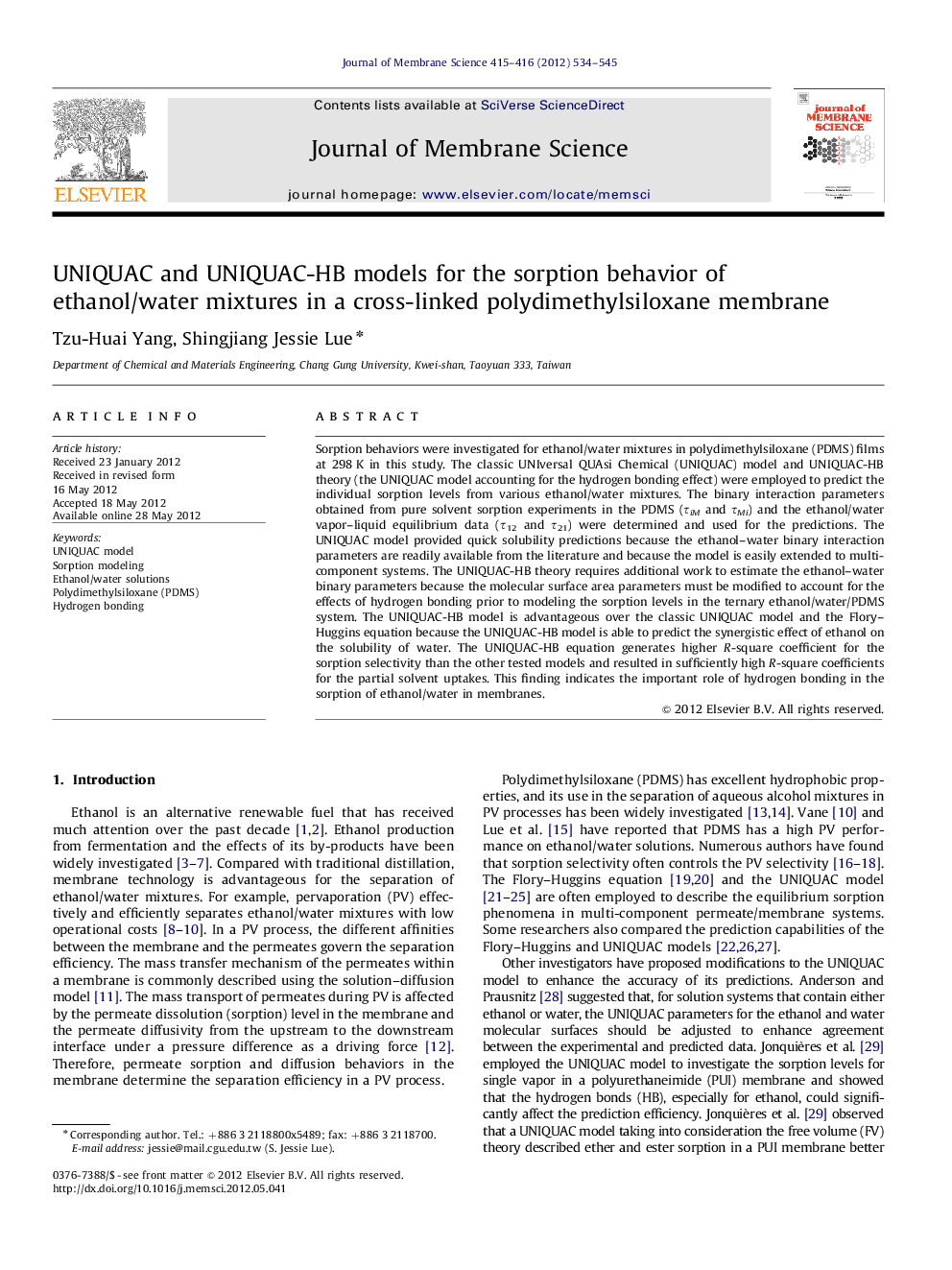 UNIQUAC and UNIQUAC-HB models for the sorption behavior of ethanol/water mixtures in a cross-linked polydimethylsiloxane membrane