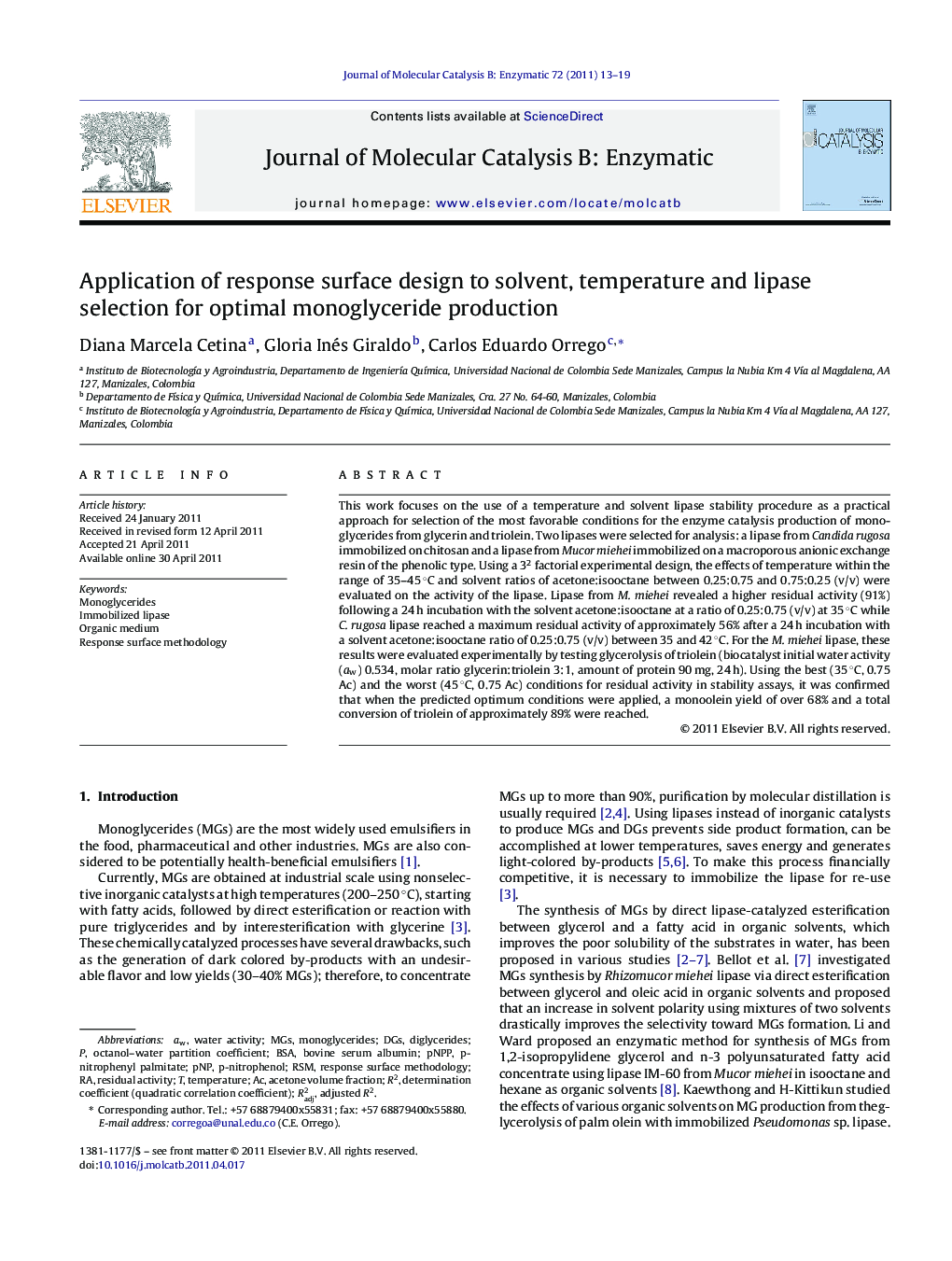 Application of response surface design to solvent, temperature and lipase selection for optimal monoglyceride production