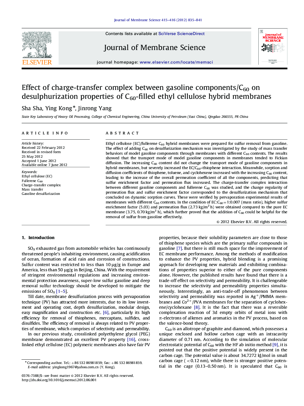 Effect of charge-transfer complex between gasoline components/C60 on desulphurization properties of C60-filled ethyl cellulose hybrid membranes