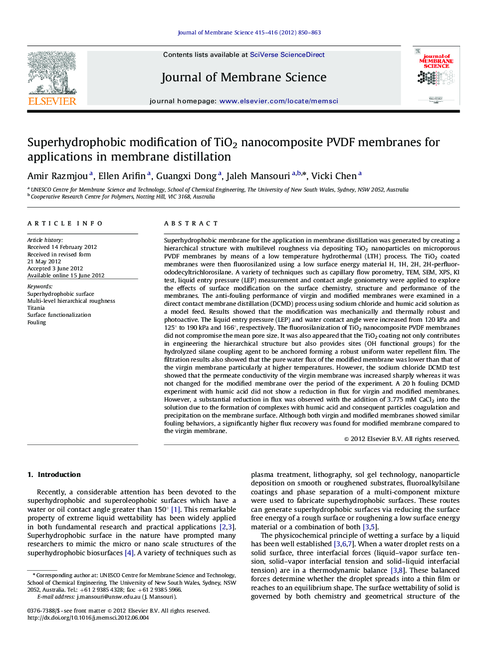 Superhydrophobic modification of TiO2 nanocomposite PVDF membranes for applications in membrane distillation