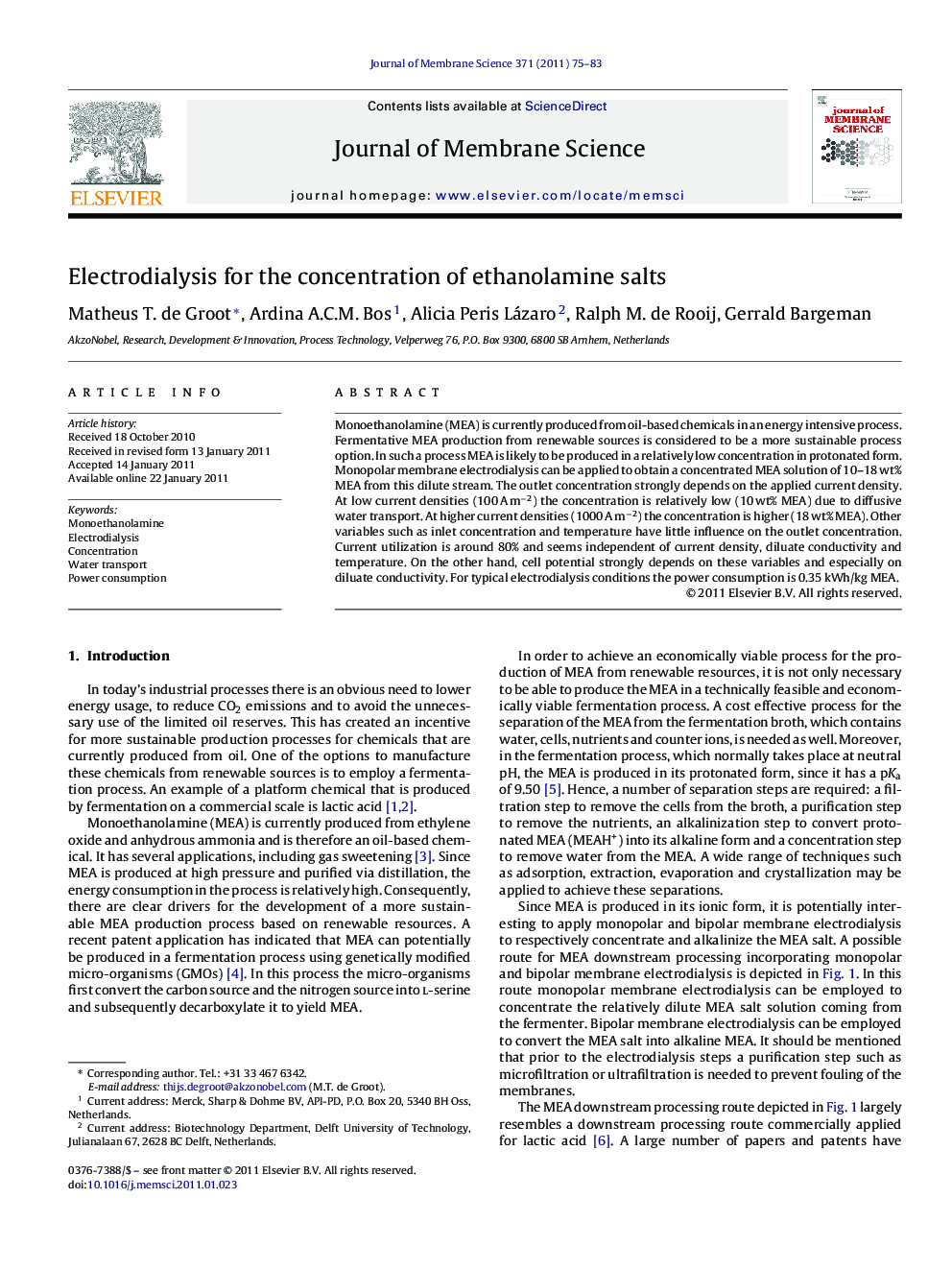عکس صفحه اول مقاله: Electrodialysis for the concentration of ethanolamine salts Electrodialysis for the concentration of ethanolamine salts
