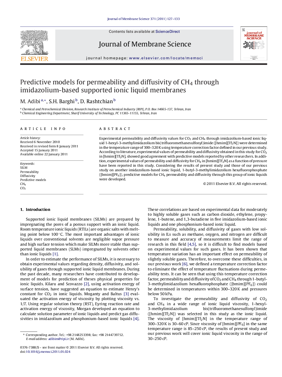عکس صفحه اول مقاله: Predictive models for permeability and diffusivity of CH4 through imidazolium-based supported ionic liquid membranes Predictive models for permeability and diffusivity of CH4 through imidazolium-based supported ionic liquid membranes
