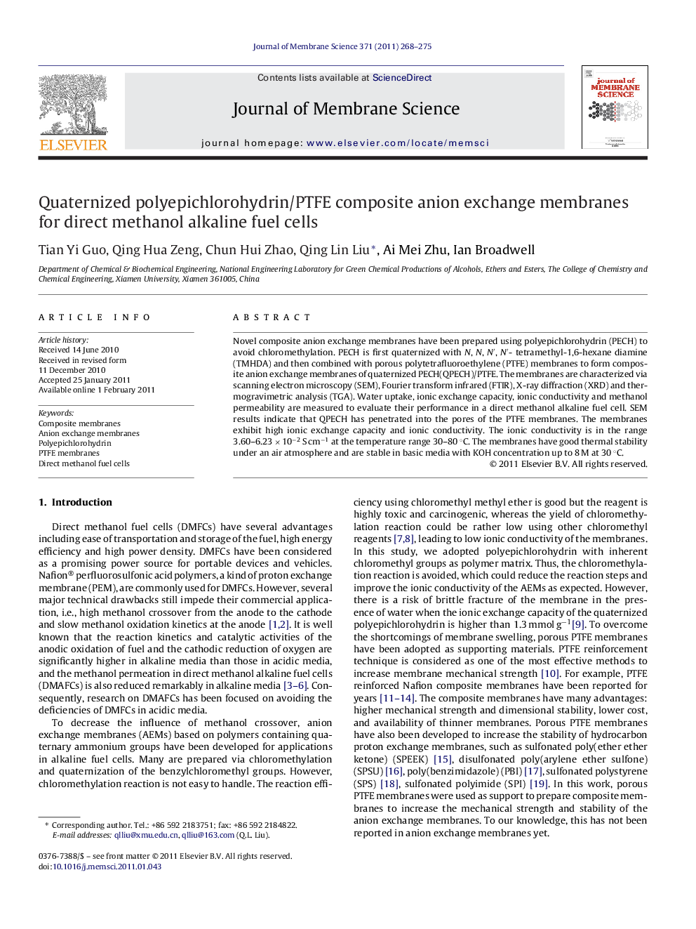 Quaternized polyepichlorohydrin/PTFE composite anion exchange membranes for direct methanol alkaline fuel cells