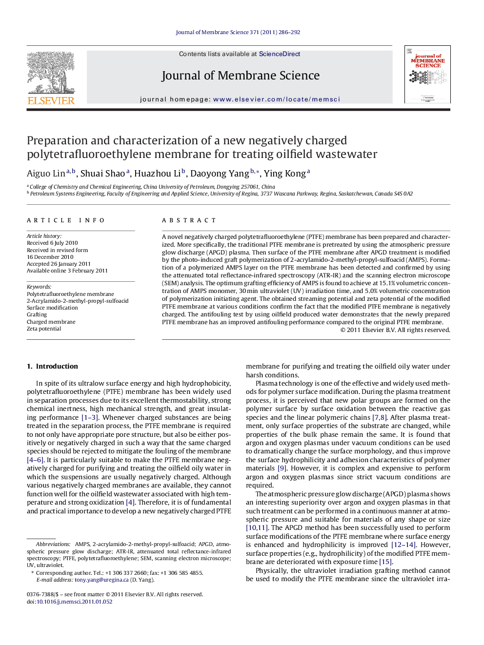 عکس صفحه اول مقاله: Preparation and characterization of a new negatively charged polytetrafluoroethylene membrane for treating oilfield wastewater Preparation and characterization of a new negatively charged polytetrafluoroethylene membrane for treating oilfield wastewater