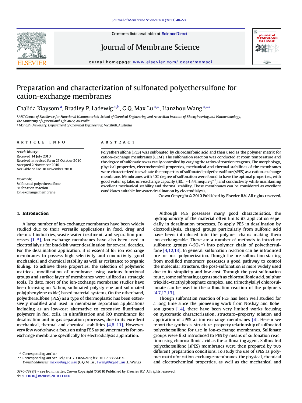 Preparation and characterization of sulfonated polyethersulfone for cation-exchange membranes