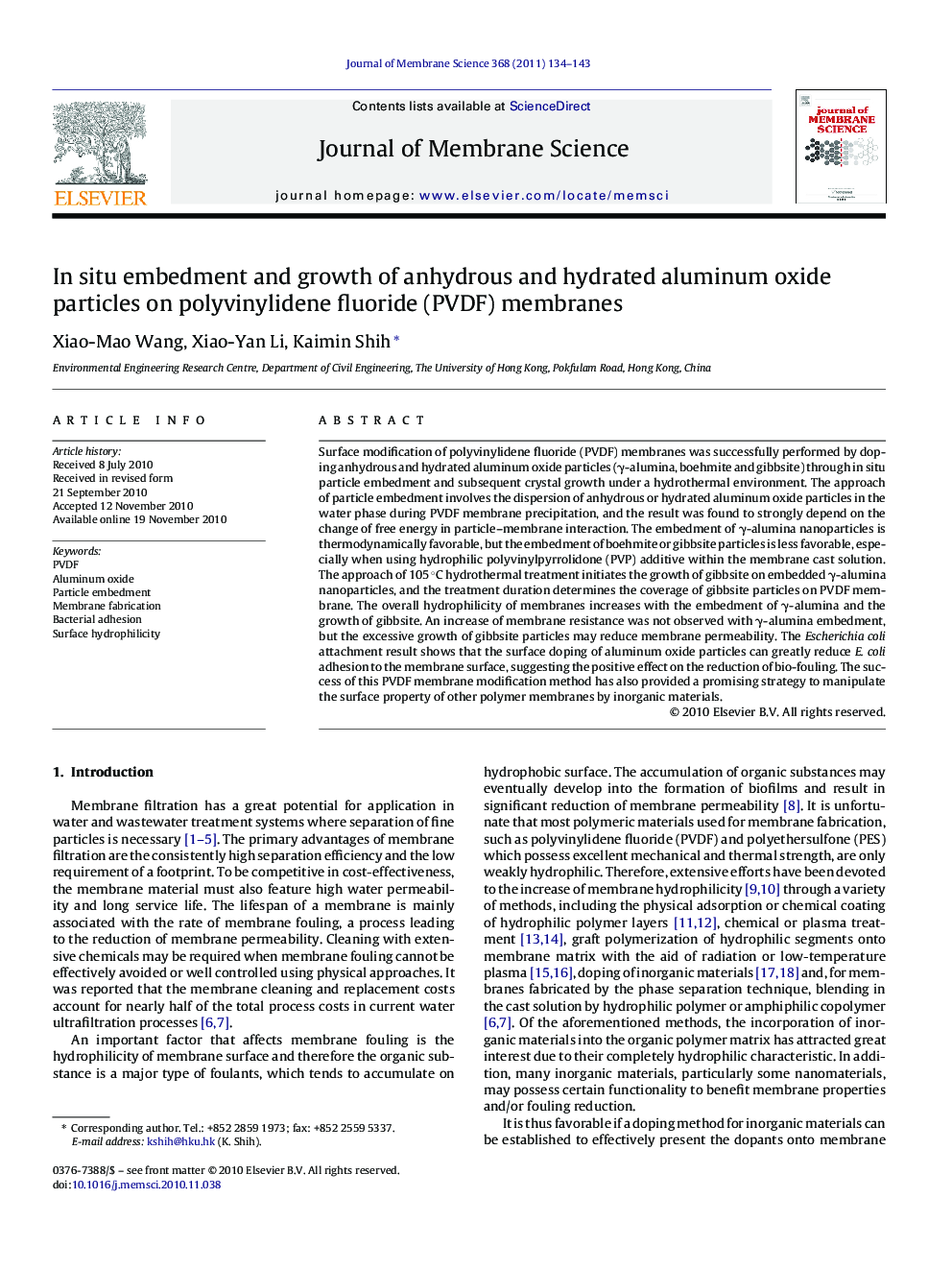 In situ embedment and growth of anhydrous and hydrated aluminum oxide particles on polyvinylidene fluoride (PVDF) membranes