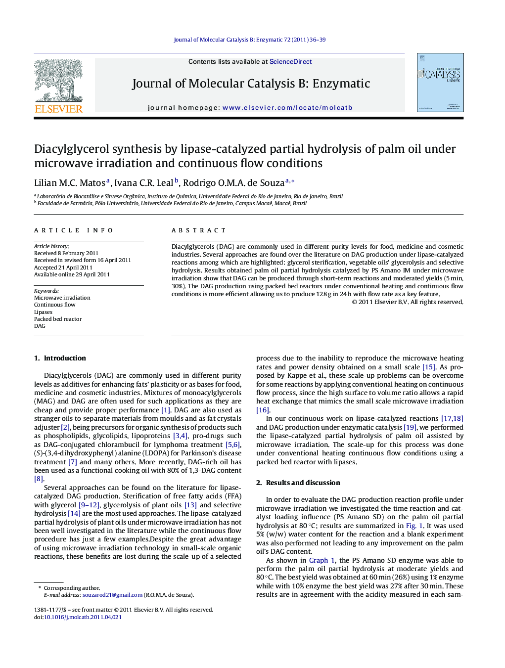 Diacylglycerol synthesis by lipase-catalyzed partial hydrolysis of palm oil under microwave irradiation and continuous flow conditions