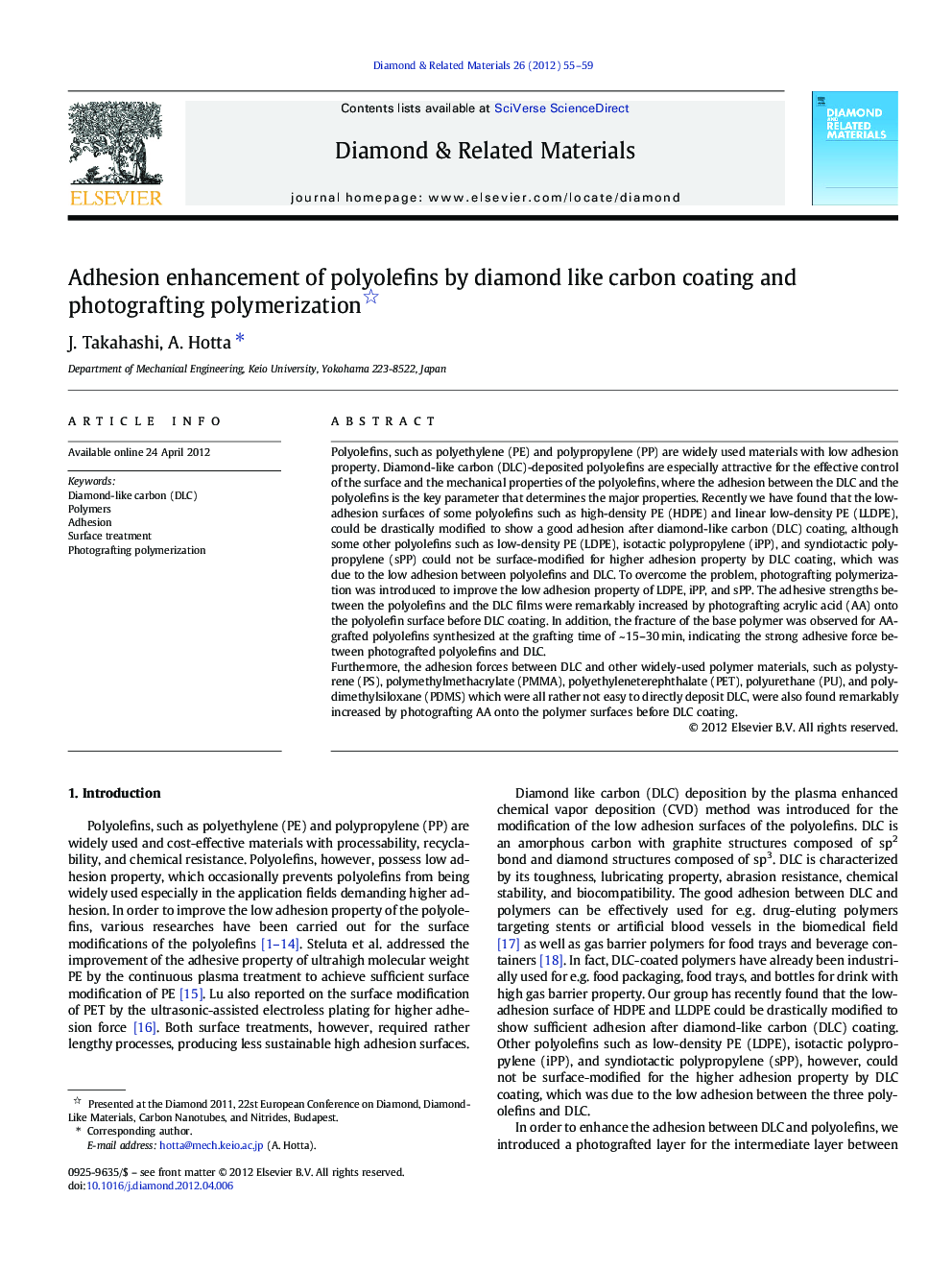 Adhesion enhancement of polyolefins by diamond like carbon coating and photografting polymerization 