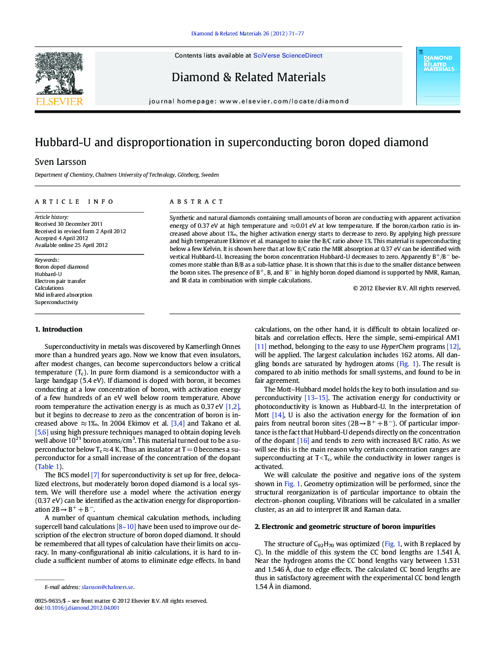 Hubbard-U and disproportionation in superconducting boron doped diamond