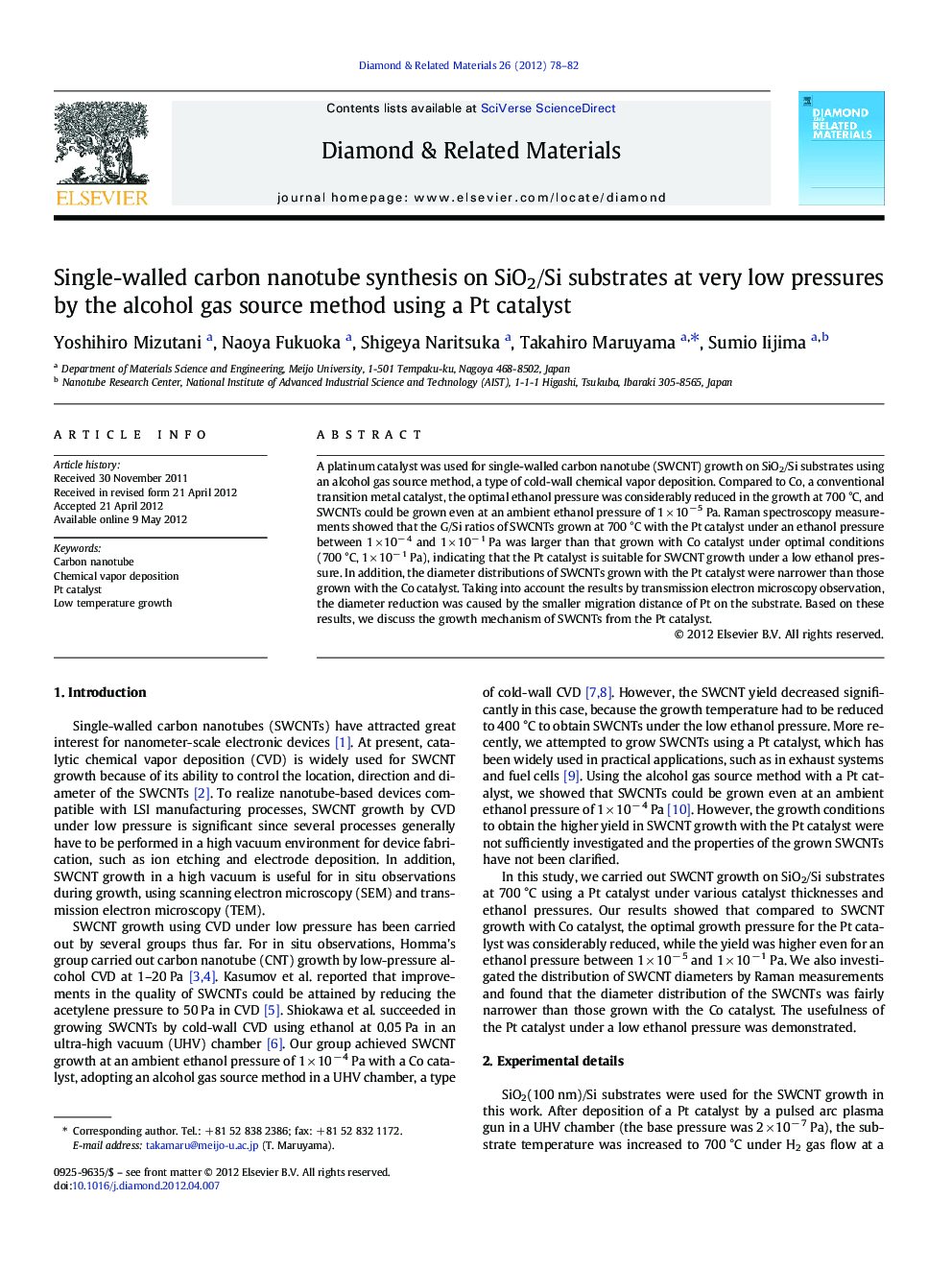 Single-walled carbon nanotube synthesis on SiO2/Si substrates at very low pressures by the alcohol gas source method using a Pt catalyst