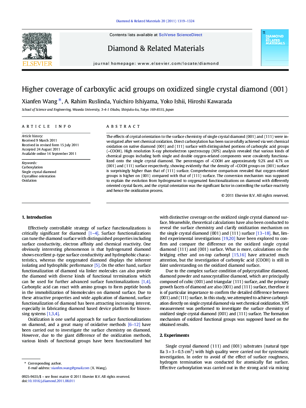Higher coverage of carboxylic acid groups on oxidized single crystal diamond (001)