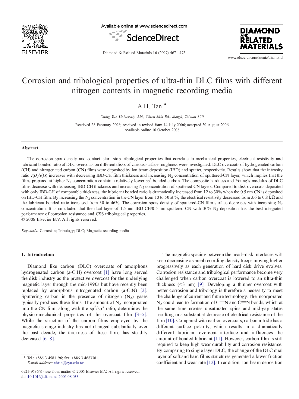 Corrosion and tribological properties of ultra-thin DLC films with different nitrogen contents in magnetic recording media